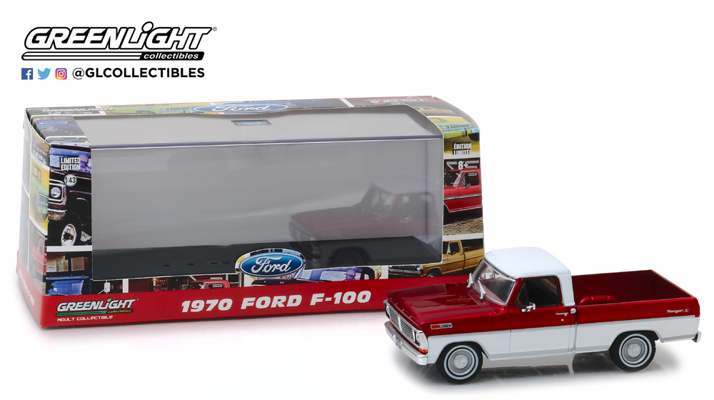 1:43 1970 Ford F-100 - Candy Apple Red and Wimbledon White Metallic Greenlight 86318 