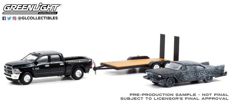 Ram 2500 with Scorched + Plymouth Fury on Flatbed Trailer (1958) Greenlight 1:64 