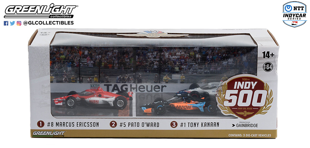 Set Indianapolis 2022 - #8 Marcus Ericsson, #5 Pato O'Ward, #1 Tony Kanaan, Greenlight 1/64 