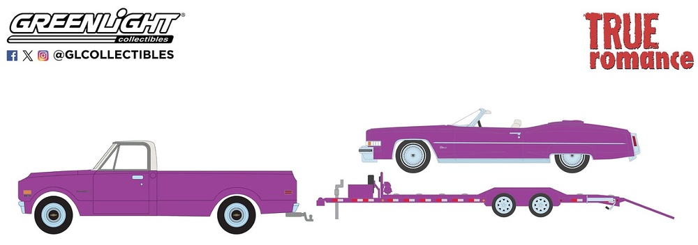 True Romance Clarence and Alabama's + Cadillac Eldorado Convertible + Chevrolet C30 & Heavy Duty Car Hauler Trailer Hitch & Tow Series 13 Greenlight 1/64 