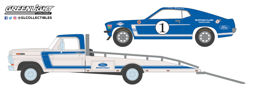 Ford F-350 Plataforma con Ford Mustang Boss 302 nº 1 Mustang Racing Club (1969) Greenlight 33150A 1/64 