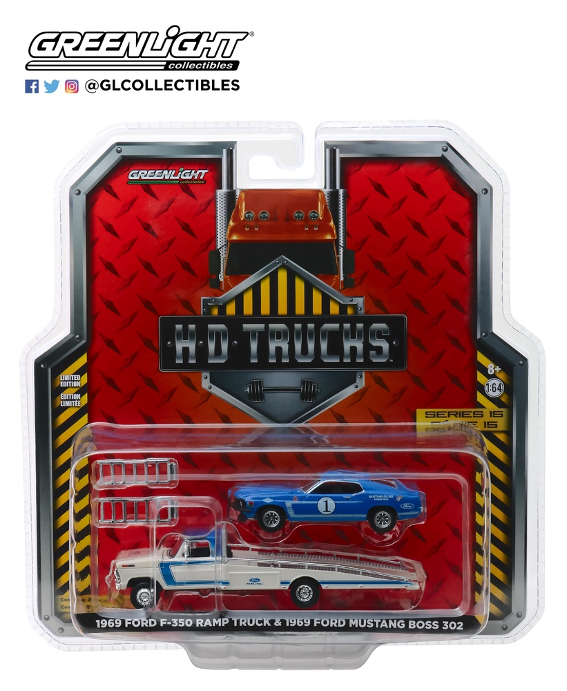 Ford F-350 Plataforma con Ford Mustang Boss 302 nº 1 Mustang Racing Club (1969) Greenlight 33150A 1/64 