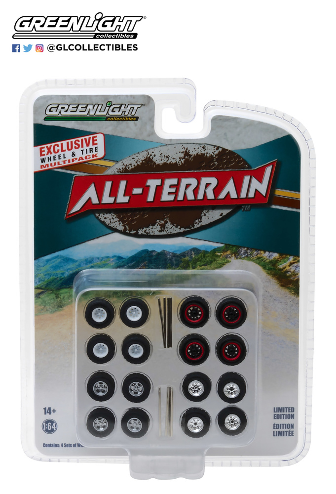 All-Terrain Wheel & Tire Pack - 16 Wheels, 16 Tires, 8 Axles Greenlight 1/64 13162 