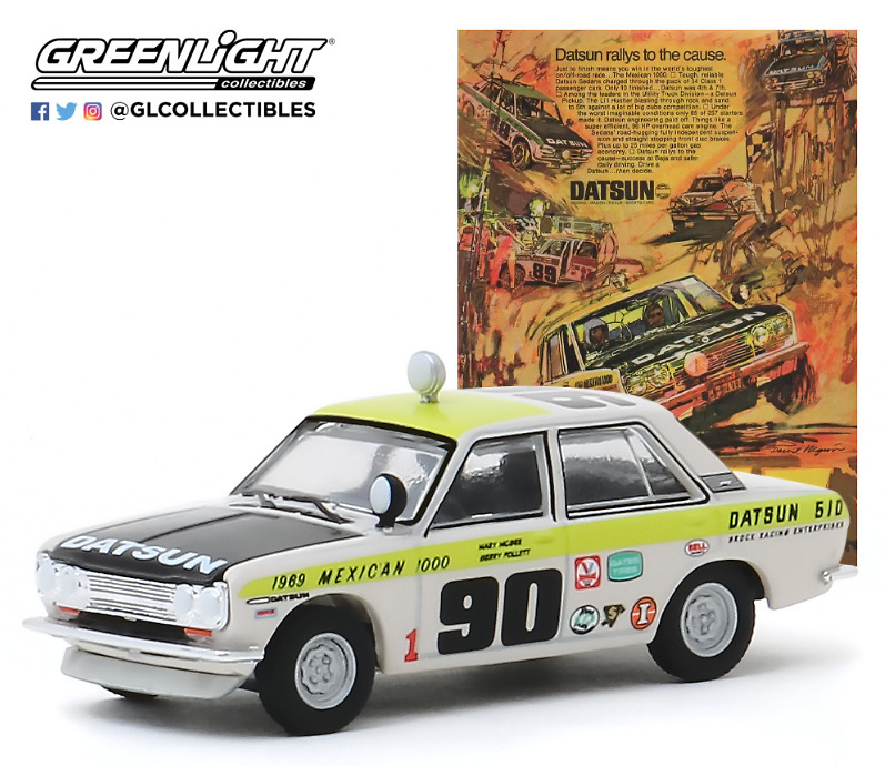 Datsun 510 4-Door Sedan #90 (1969) Mexican 1000 “Datsun Rallys To The Cause” Greenlight 1:64 