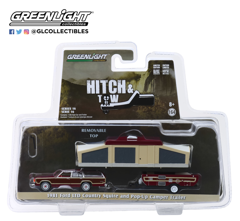 GREENLIGHT 32160C 1981 FORD LTD COUNTRY SQUIRE AND POP UP CAMPER TRAILER 