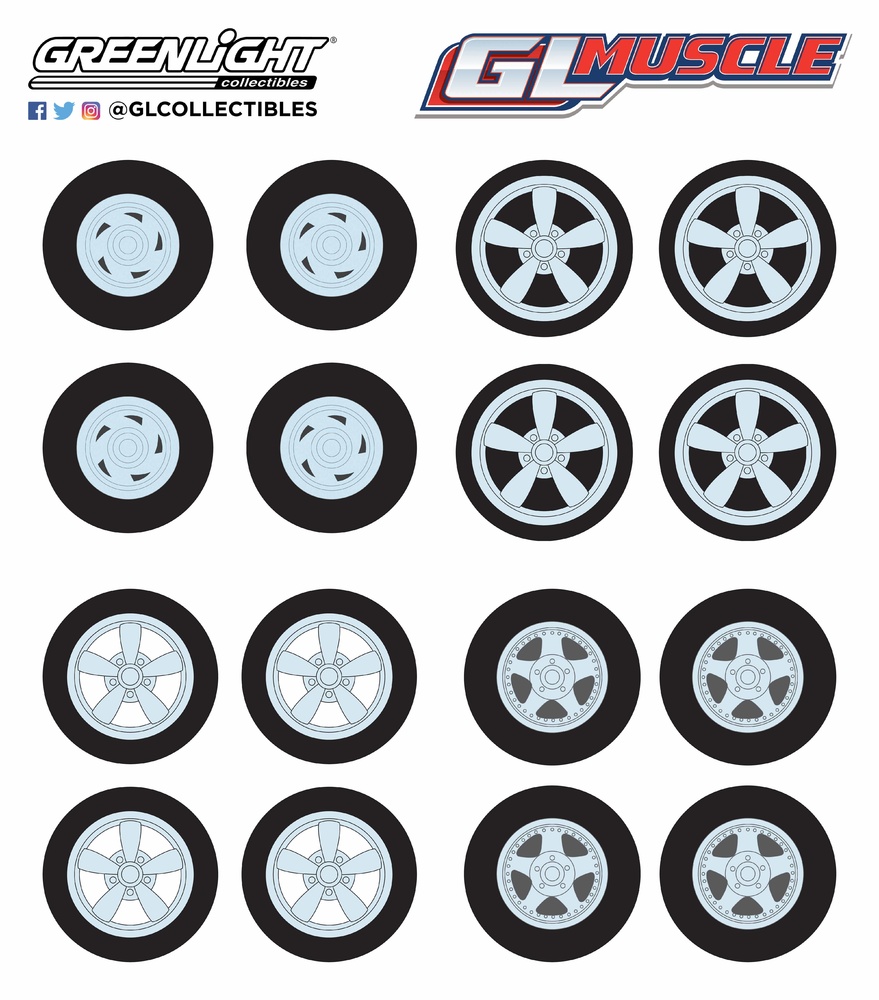 GL Muscle Wheel & Tire Pack - 16 Wheels, 16 Tires, 8 Axles Greenlight 1/64 13164 