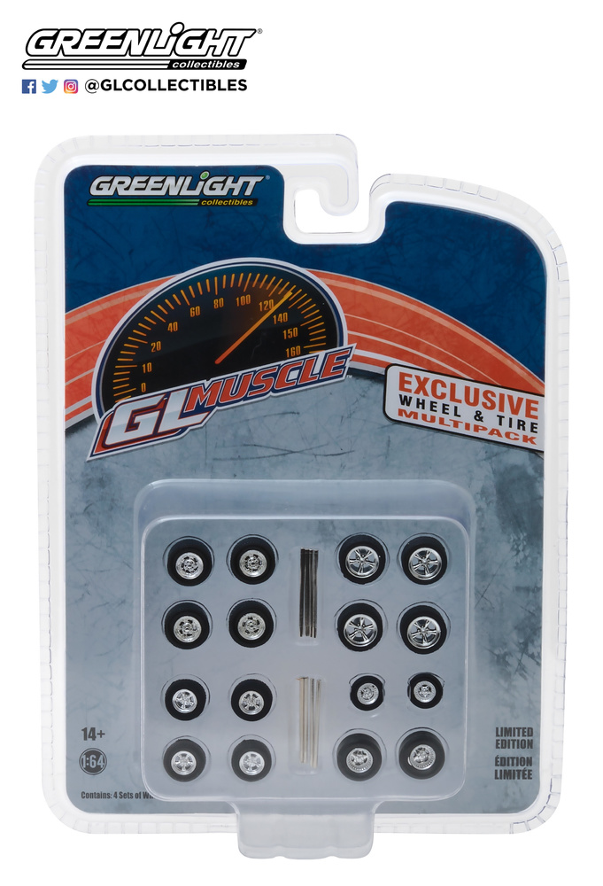 GL Muscle Wheel & Tire Pack - 16 Wheels, 16 Tires, 8 Axles Greenlight 1/64 13164 