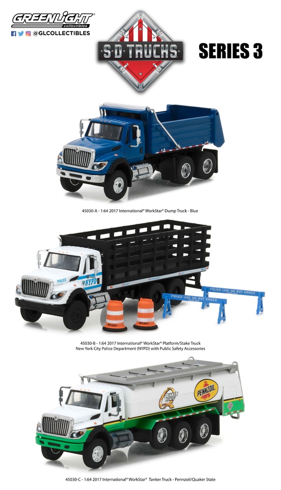 1/64 2017 International WorkStar Platform Stake Truck - New York City Police Department (NYPD) with Public Safety Greenlight 45030B 