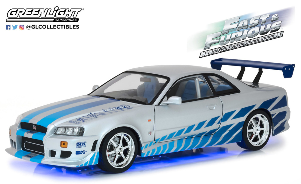 Nissan Skyline GT-R -R34- Fast & Furious (1999) con luces (NEON AZUL)  Greenlight 1:18